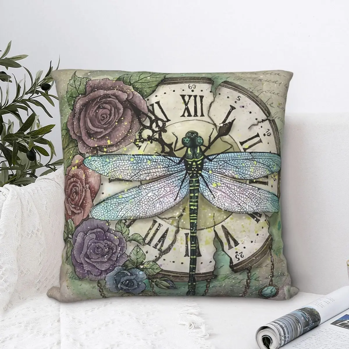 

Time Flies Dragonfly Design Polyester Cushion Cover Art For Sofa Office Decorative Soft Pillow Cover