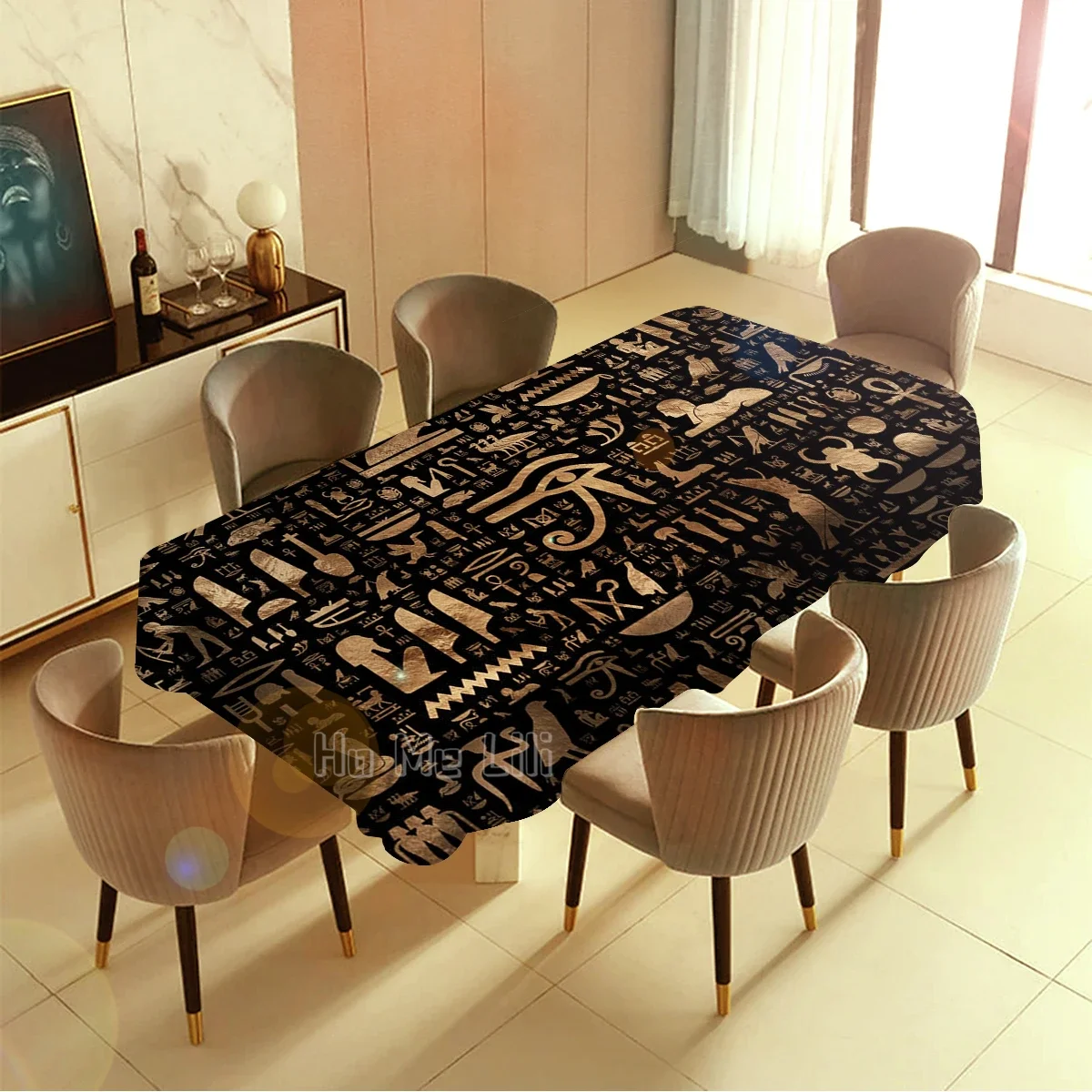 Egyptian Black And Gold Hieroglyphic Flat Mask Tablecloth Art Indoor And Outdoor Polyester Waterproof And Oil Resistant