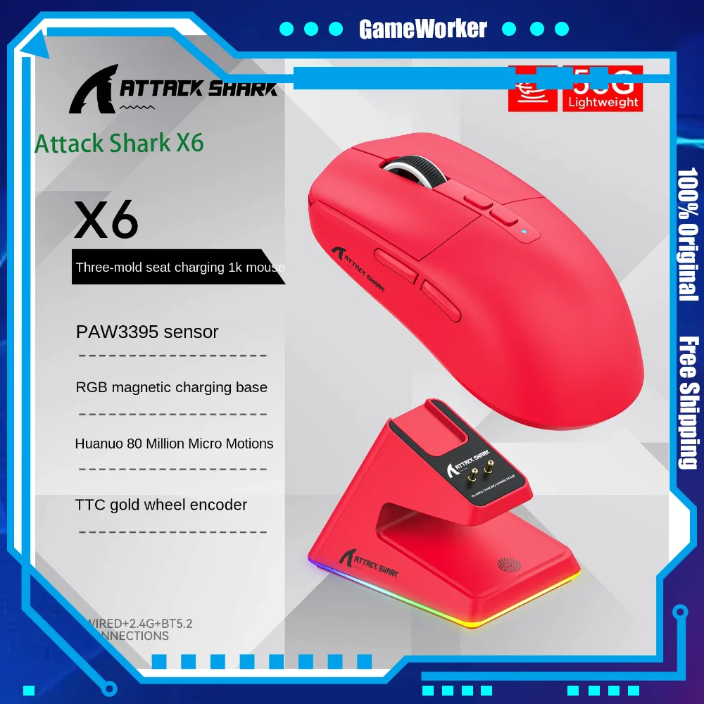 

Attack Shark X6 Wireless Mouse Gaming Lightweight PAW3395 Bluetooth Triple Mode Rechargeable RGB Charging Dock Esport