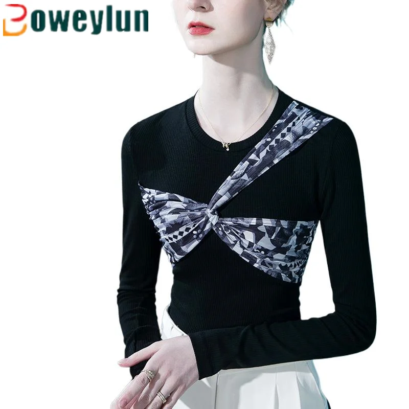 

Boweylun Mesh Printed Twisted Patchwork Long Sleeve Shirt Women Spring Autumn Crew Neck T-Shirt Tops