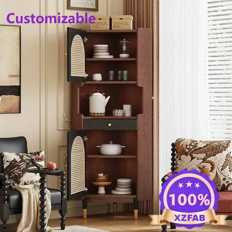 Factory Direct 2026 Retro color matching solid wood rattan corner cabinet, medieval shelf corner triangle cabinet in living room