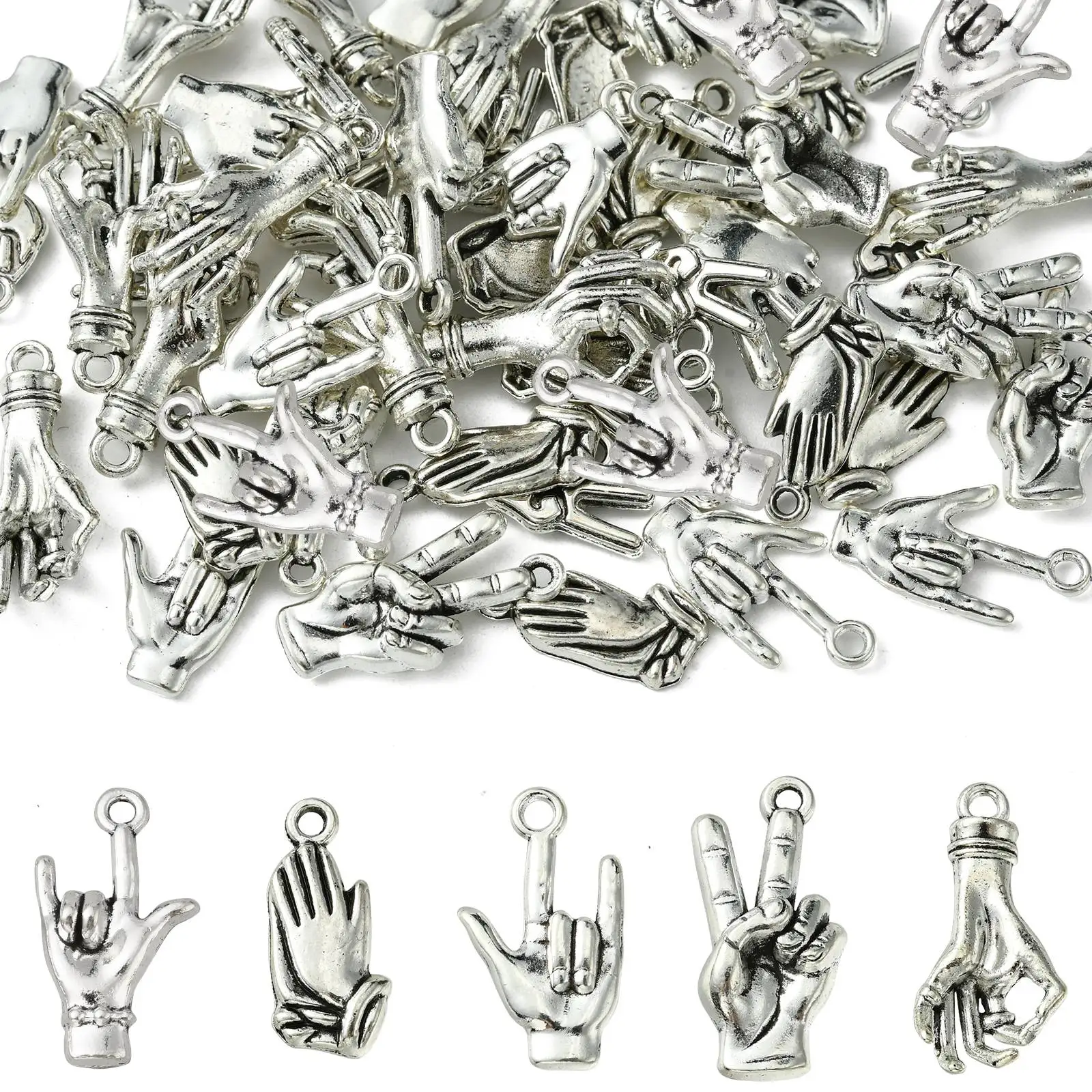 Pandahall 50Pcs 5 Styles Tibetan Hand Gesture Charm Victory Sign Pendants Mini Love Finger Charms for Necklace Earrings Making image 3