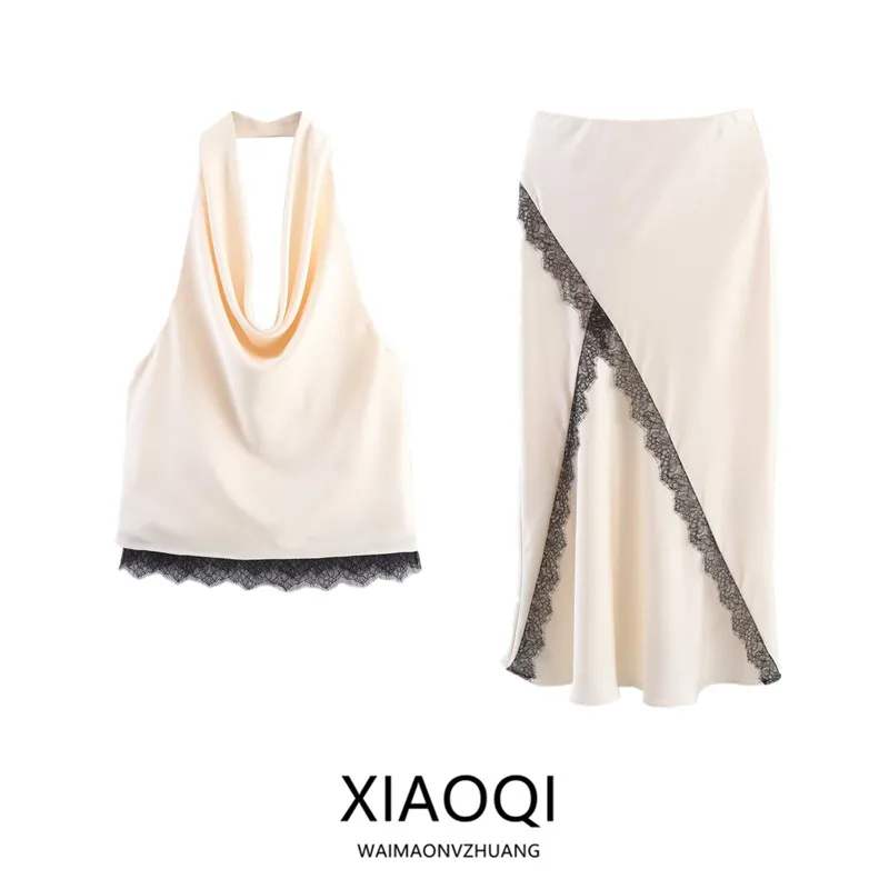 

New Arrival Autumn 2025 Women's Faion Set round Ne Long Sve Lace Decorated Satin Blouse And f Skirt Ele Sle