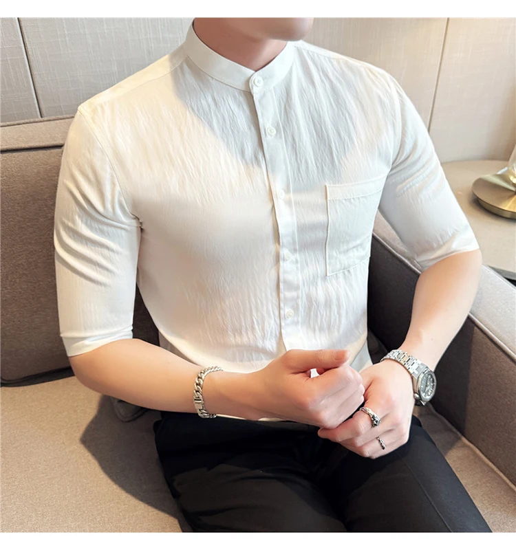 

Хлопковая рубашка для мужчин, роскошная дизайнерская одежда, новая рубашка в китайском стиле с воротником-стойкой, высокое качество, рубашка с коротким рукавом, белая блузка, весна