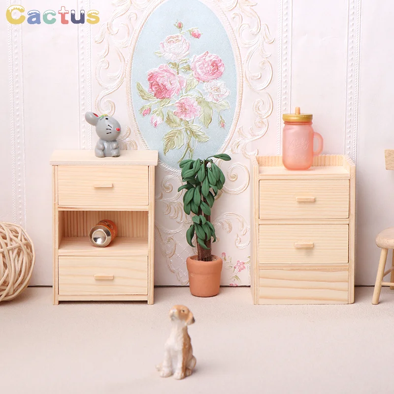 

1:12 Dollhouse Miniature Bedside Table Double Drawer Cabinet Locker Cabinet With Drawer Model Bedroom Furniture Model Decor Toys