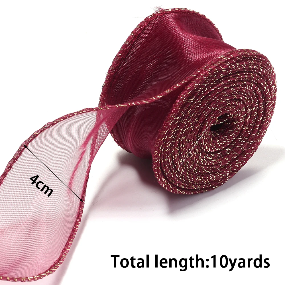 10Yards Polyester Fishtail Organza Ribbon Gold Edge Bow Ornament Gift Wrapping Decoration Wedding Garment Sewing Accessories