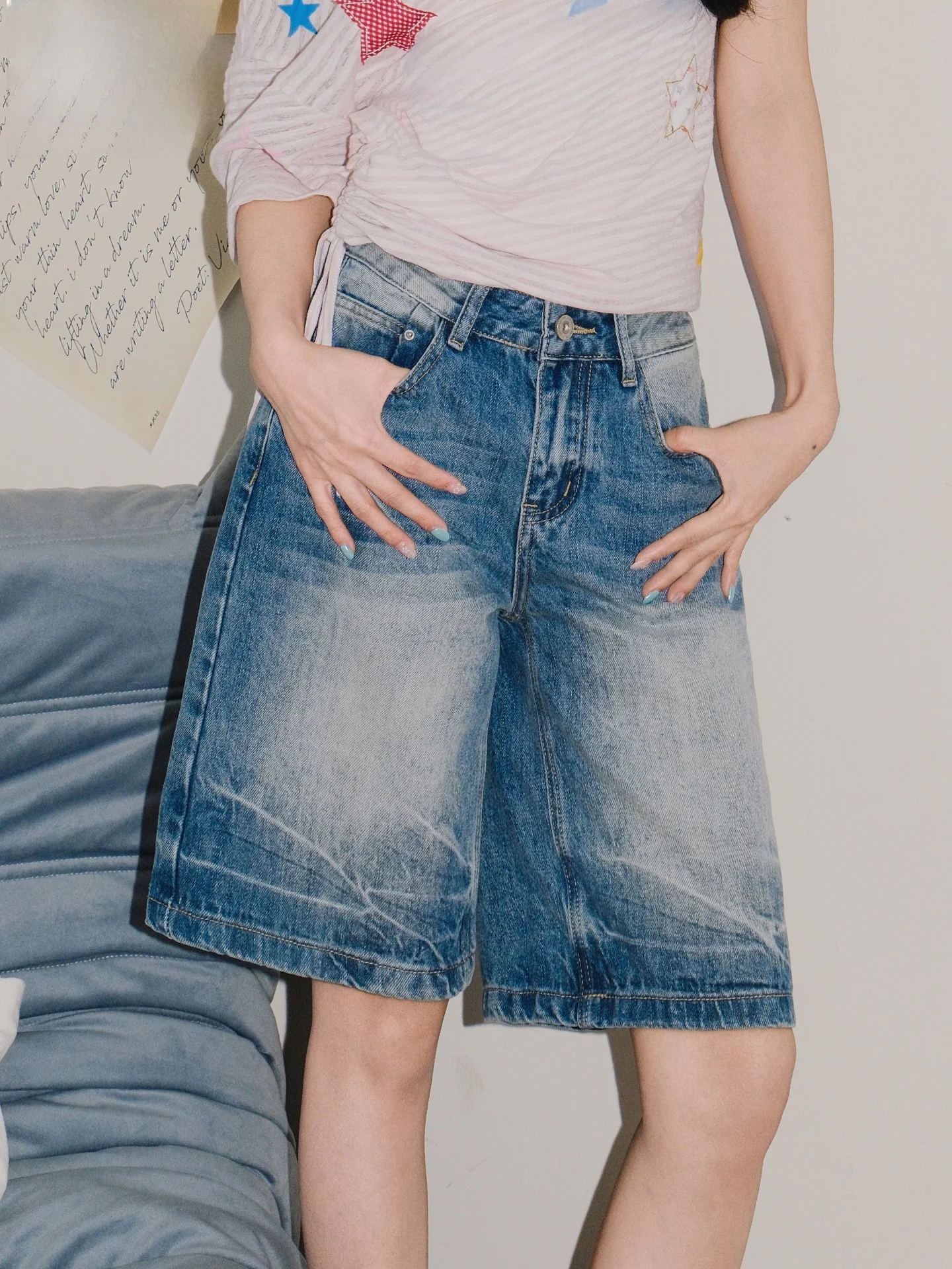 

American Style High Waist Wide Leg Denim Shorts Women Loose Fit Summer Slimming Five-Quarter Length Casual Jeans