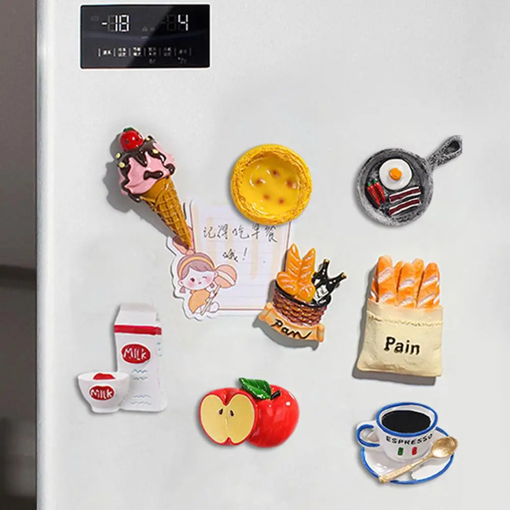 3D Simulated Food Fridge Magnet Resin Cartoon Bread Ice Cream Cone Coffee Milk Fruit Refrigerator Magnet Home Decoration