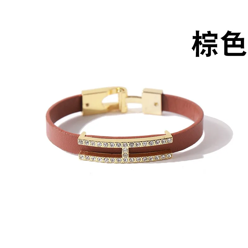 New fashion H diamond-encrusted titanium steel leather single-loop button bracelet for men and women gift party