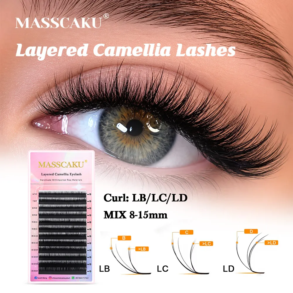 

MASSCAKU LB LC LD Curl Layered Camellia Eyelashes Premade Volume Fans Wispy Fluffy Lash Extensions 0.07mm Mixed 8-15mm