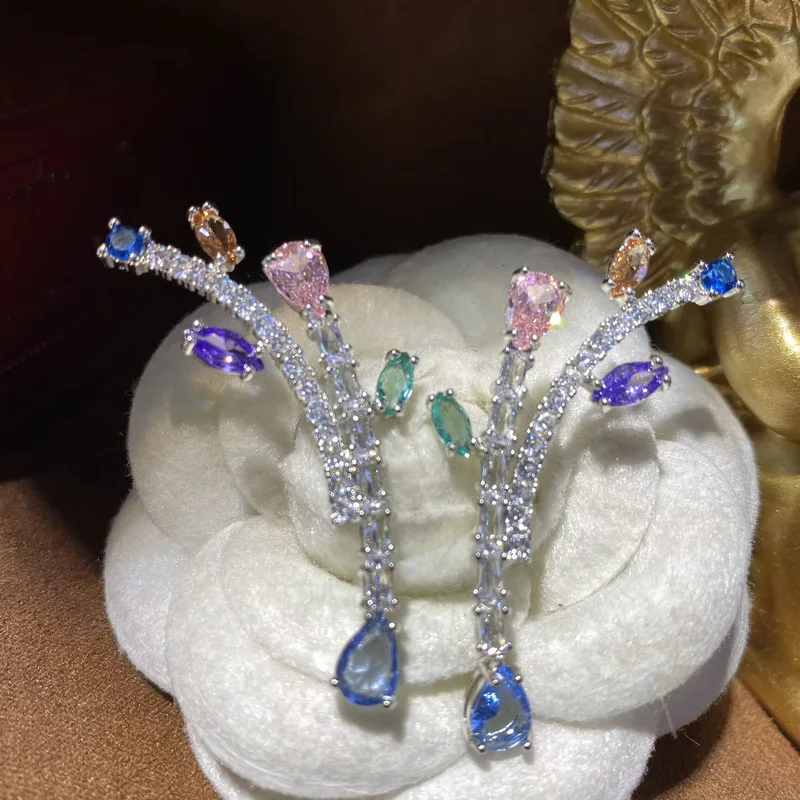 Curved Twig dragonfly Long Drop Earrings lPink Purple Blue Green Orange Cubic Zirconia Sparkling Paved Frame Silver Plated