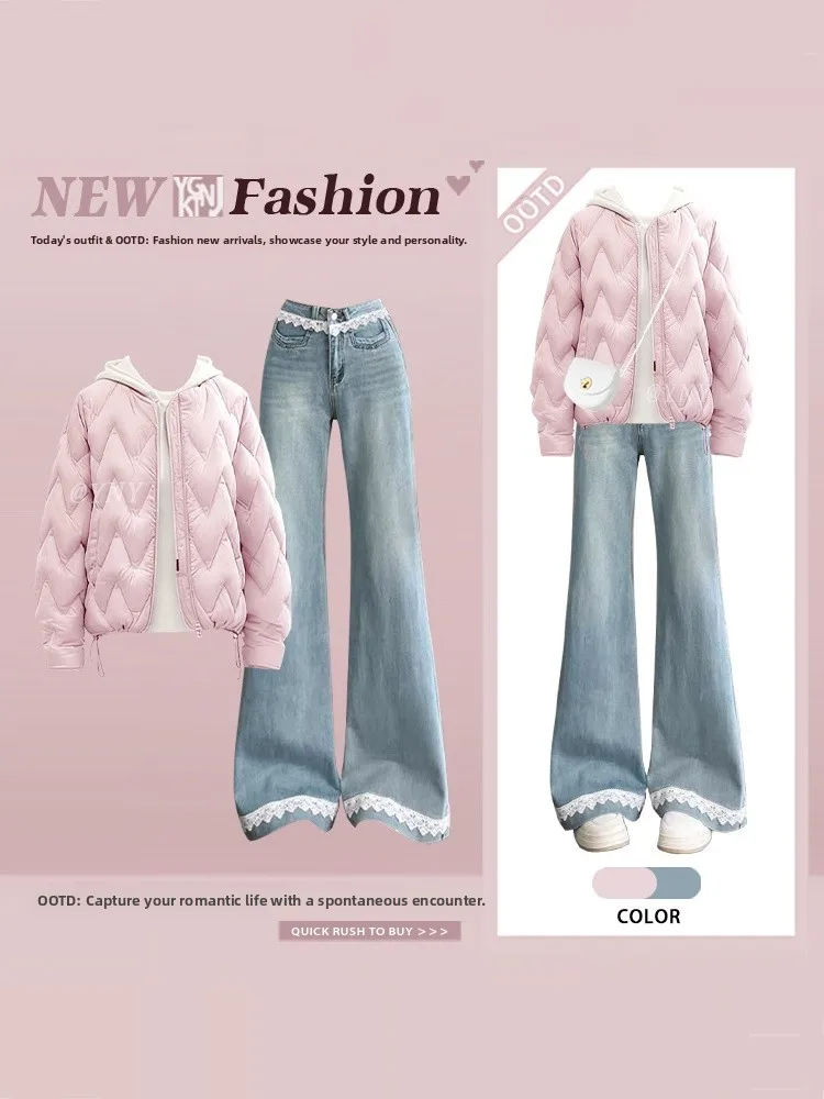 Faionable Anti-Aging Rosa Rautenmuster Baumwollanzug-Set Damen Winter Design Spitze Spleißen Ausgestellte Jeans Zweiteiliges Set