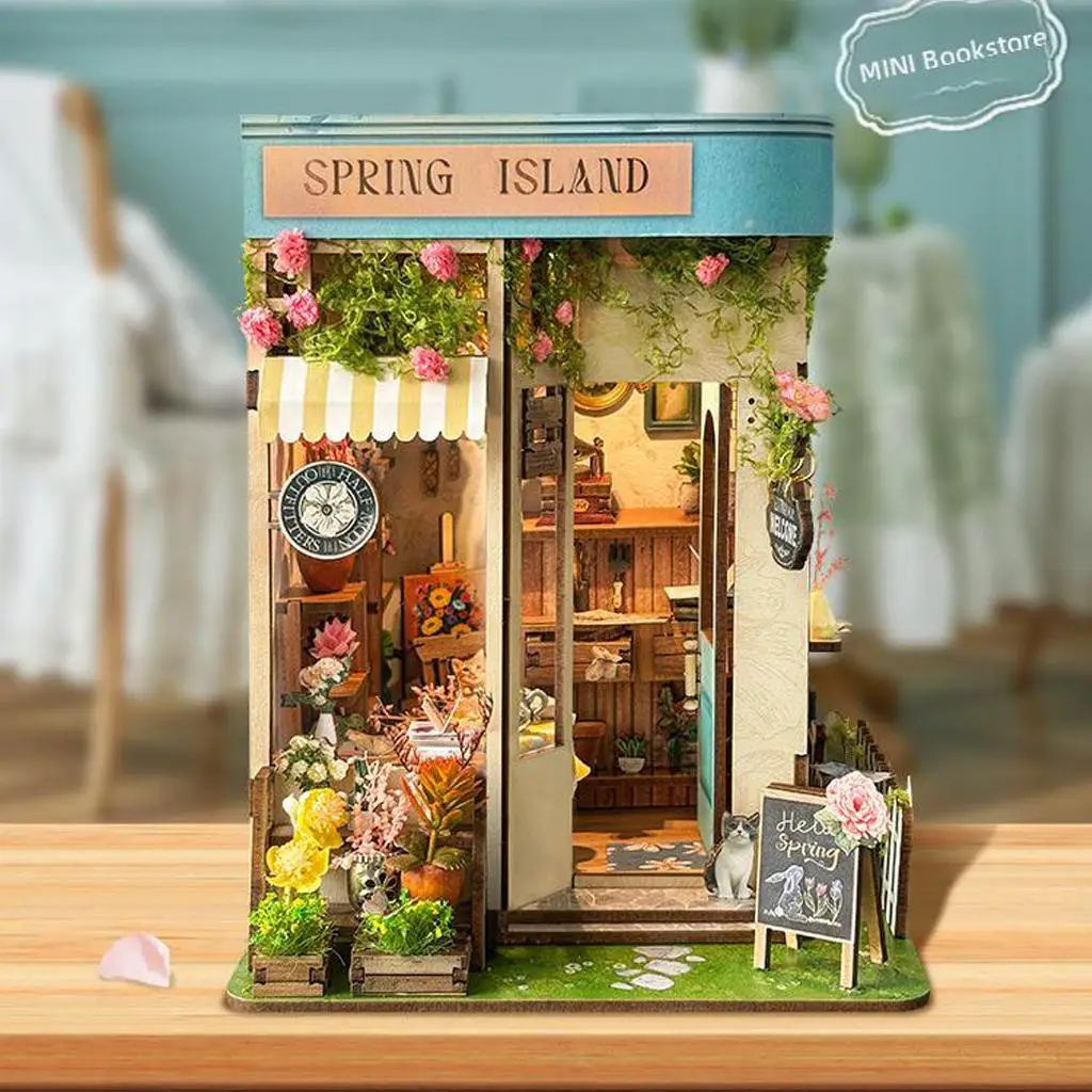 

OUZEY 3D Wooden Book Nook DIY Kit - "Spring Blossom Cottage" with Figurines & Mini Books, Girls Gift, Home Decor