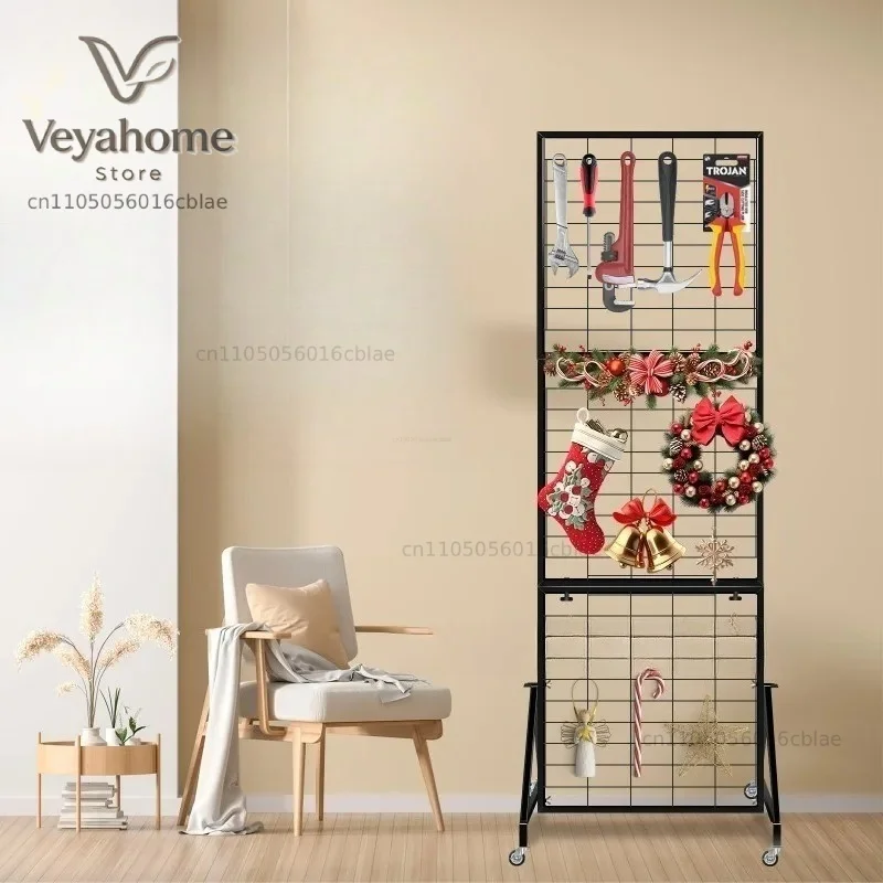 Three-fold Beautiful Floor-to-ceiling Wrought Iron Mesh Display Rack, Household Multi-purpose Storage Rack with Wheels