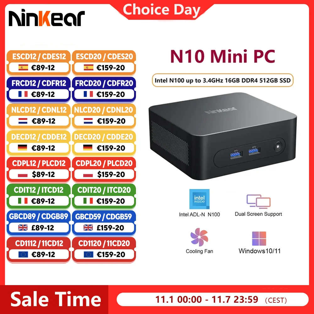 Ninkear N10 Mini PC Computer Intel N100 up to 3.4GHz 16GB DDR4 512GB SSD WIFI HDMI 2.0*2 Support Dual-screen WIindows 11 /Linux