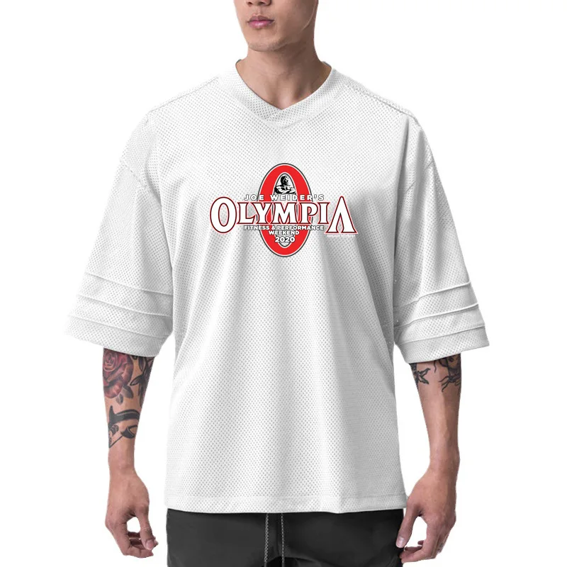 Men's Large Size Fitness Short Sleeve Summer Quick Dry Mesh Base Shirt American V-neck Muscle Sports Olympia T-shirt