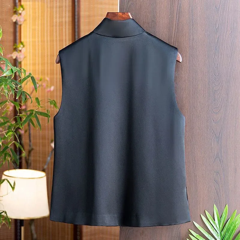 Mode Schwarz Acetat Seide Weste Strickjacke Frauen Chinesische Schnalle Taste Weiche Weste Jacke Vintage Sommer Tank Tops
