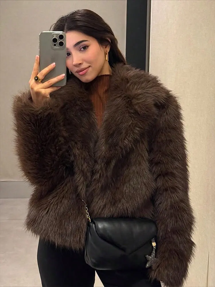 HH المرأة أنيقة الصلبة فو الفراء معطف طويل الأكمام زر سترة الخريف الشتاء الدافئة ملابس خارجية الإناث موضة معاطف شارع العليا #6