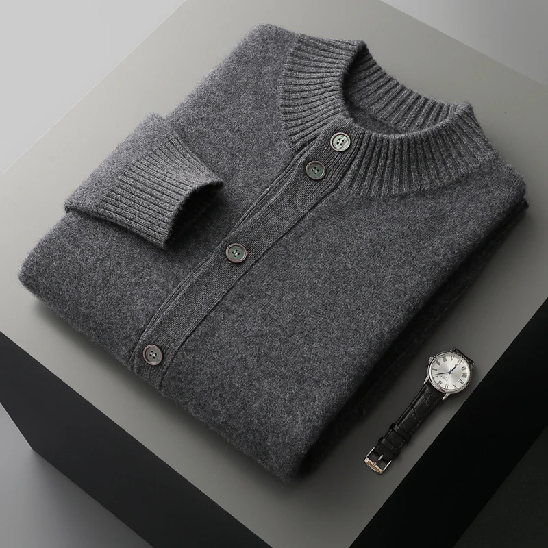 100% Cashmere Sweater Thickened Half Turtleneck Cardigan Men's Business Casual Knitted Wool Sweater New Youth Jacket