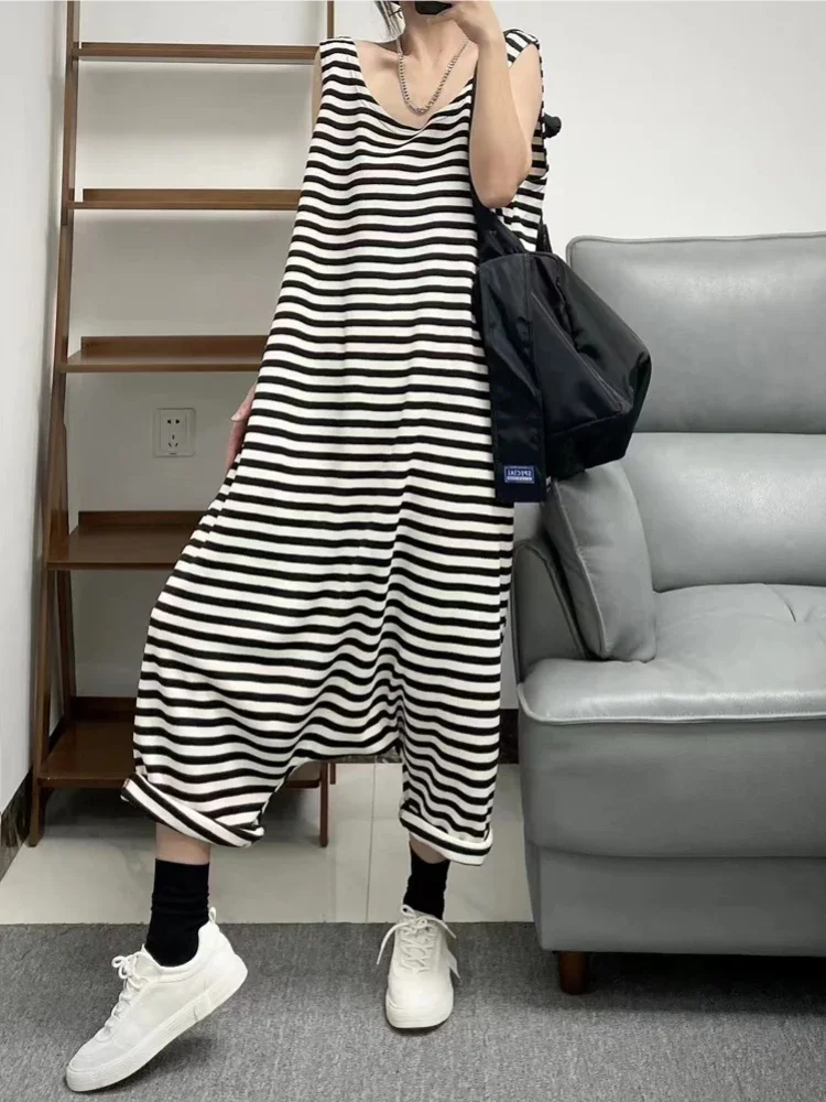 Striped Jumpsuits Women Retro Summer Ins Baggy Chic Casual High Street Sleeveless Korean Fashion Minimalist All-match One Piece