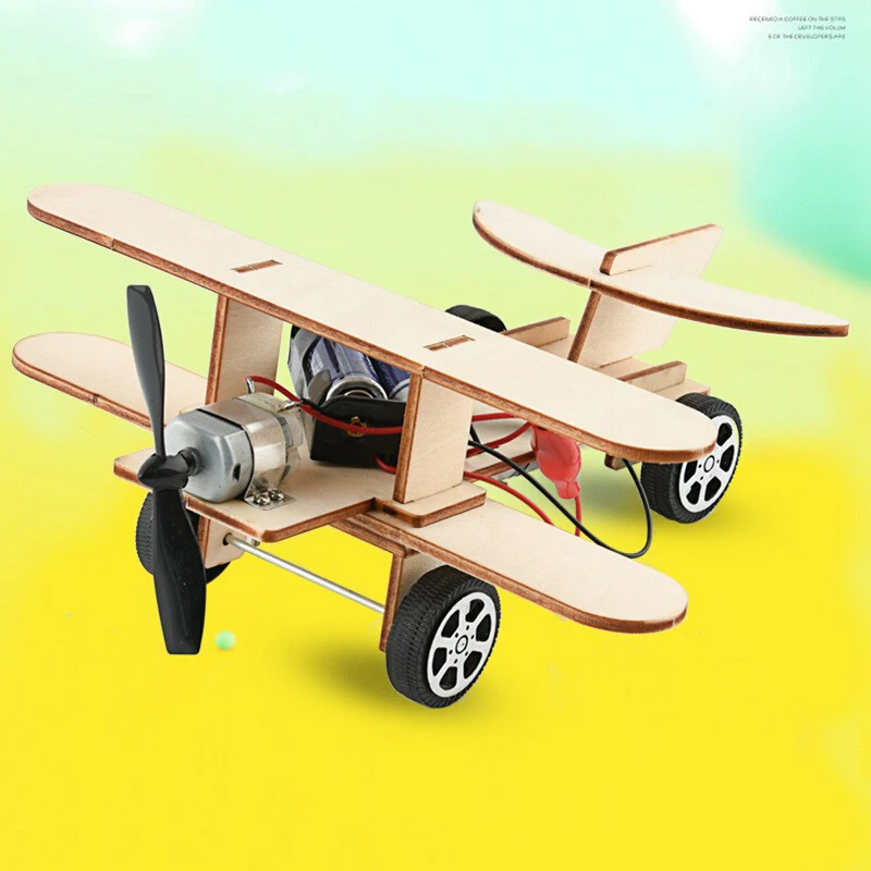DIY Electric Wooden Biplane Model Toy STEM Science Project Assembled Aircraft for Kids Educational Teaching Aid