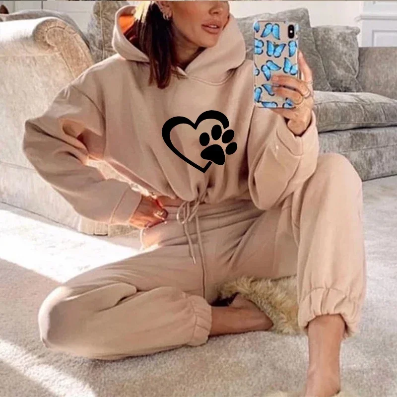 

Женский спортивный костюм, пуловер с капюшоном и принтом, женский комплект из двух предметов, короткие толстовки, повседневные спортивные штаны, спортивная одежда
