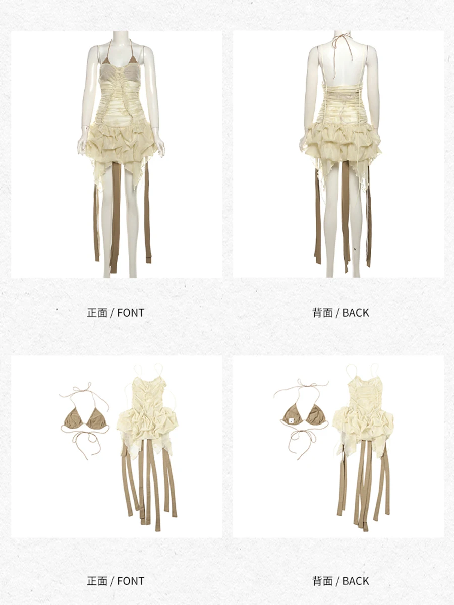 ReddaChic フリル裾フリンジ女性ドレスセットビキニトップシアーチュールストラップレスシャーリングリボンふわふわミニドレスパーティー夏服