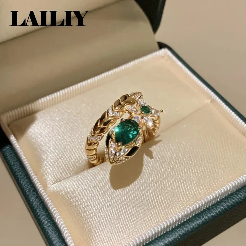 925 Sterling Silver 18K Gold Jewelry Emerald Diamond Snake Adjustable Ring for Women Fashion Jewelry
