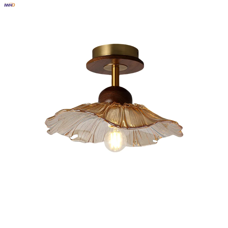 

IWHD Home Decor LED Ceiling Light Fixture Corridor Aisle Bedroom Round Wood Copper Nordic Modern Simple Amber Glass Ceiling Lamp