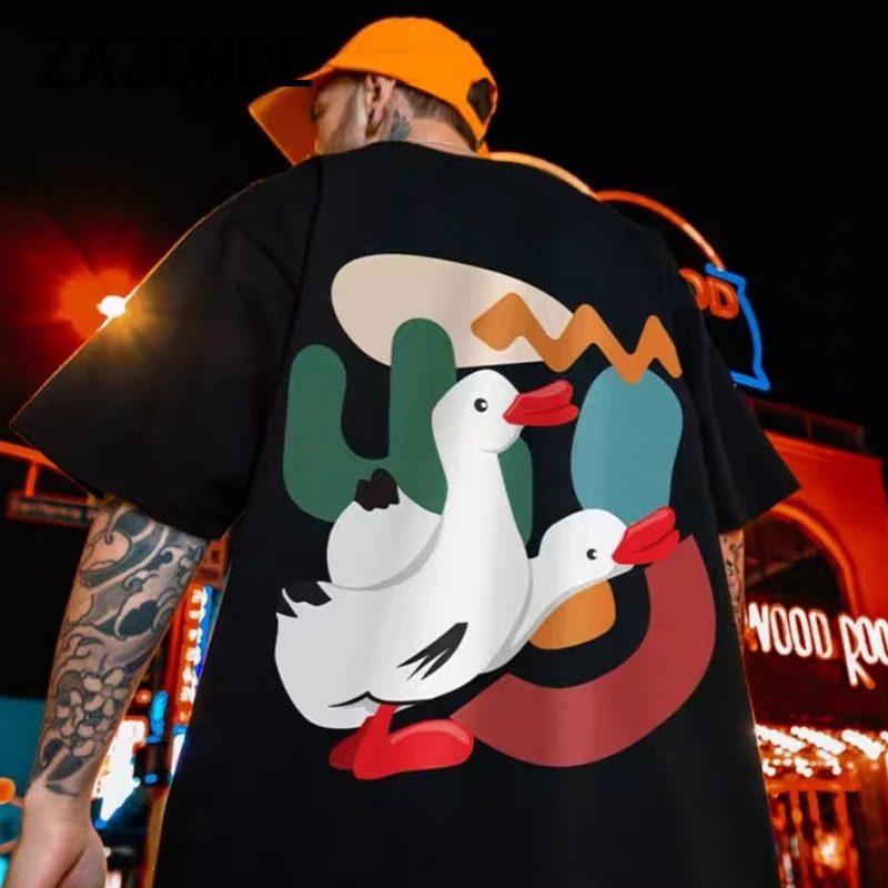 ZAZOMDE Oversize Men Tees Summer Funny Duck Cartoon T Shirt Casual Streetwear Men Short Sleeve Loose Tops Cotton Hip Hop Clothes