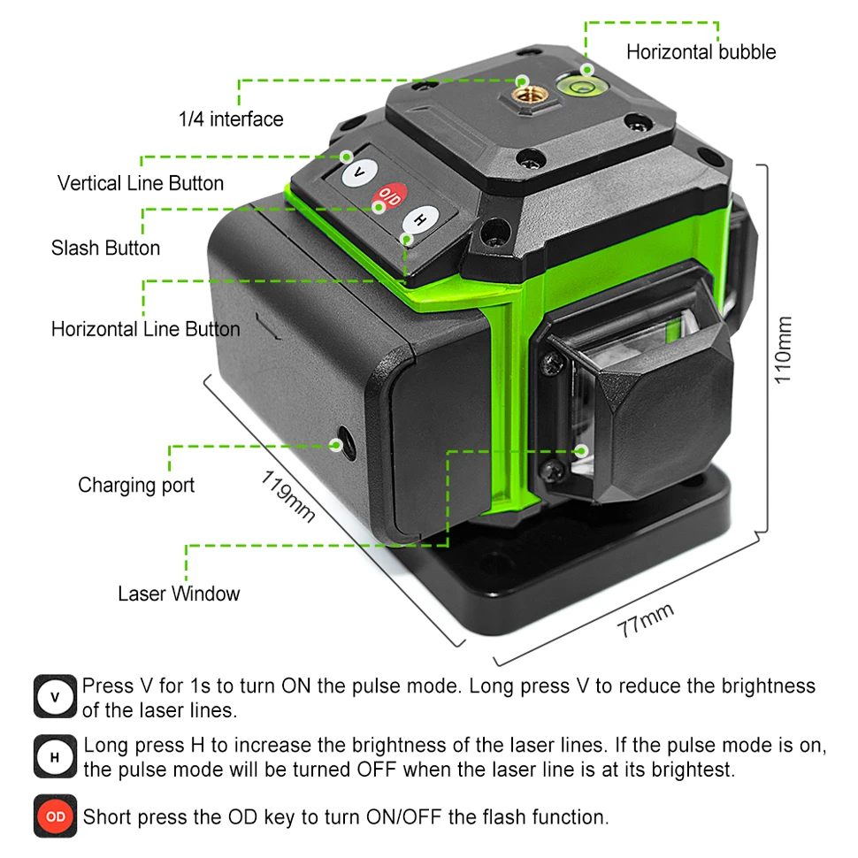 CLUBIONA-Niveau laser à faisceau vert, télécommande à nivellement automatique, mode extérieur, récepteur automatique, 16/12 lignes, 3x360