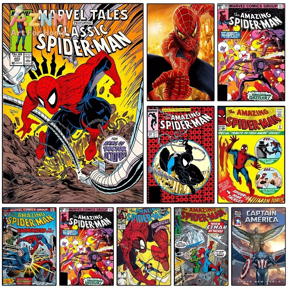 Classic Spider‑Man Comic Book Cover Canvas Wall Print, Vintage Superhero Retro Comic Illustration Art Poster, Unframed Canvas
