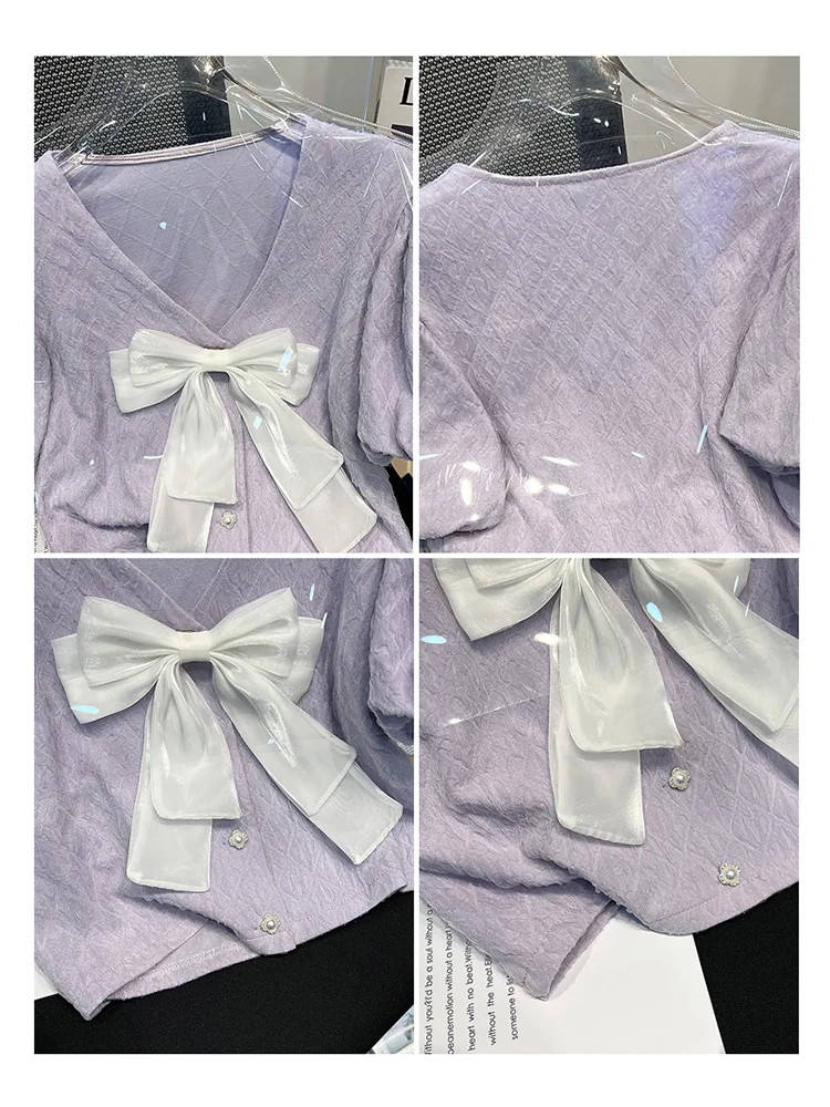 Women Shirts Summer Shirts Purple Top Pup Sleeve French Chic V-Neck Button Up Shirt Bow Simple 2024 New Short Tops