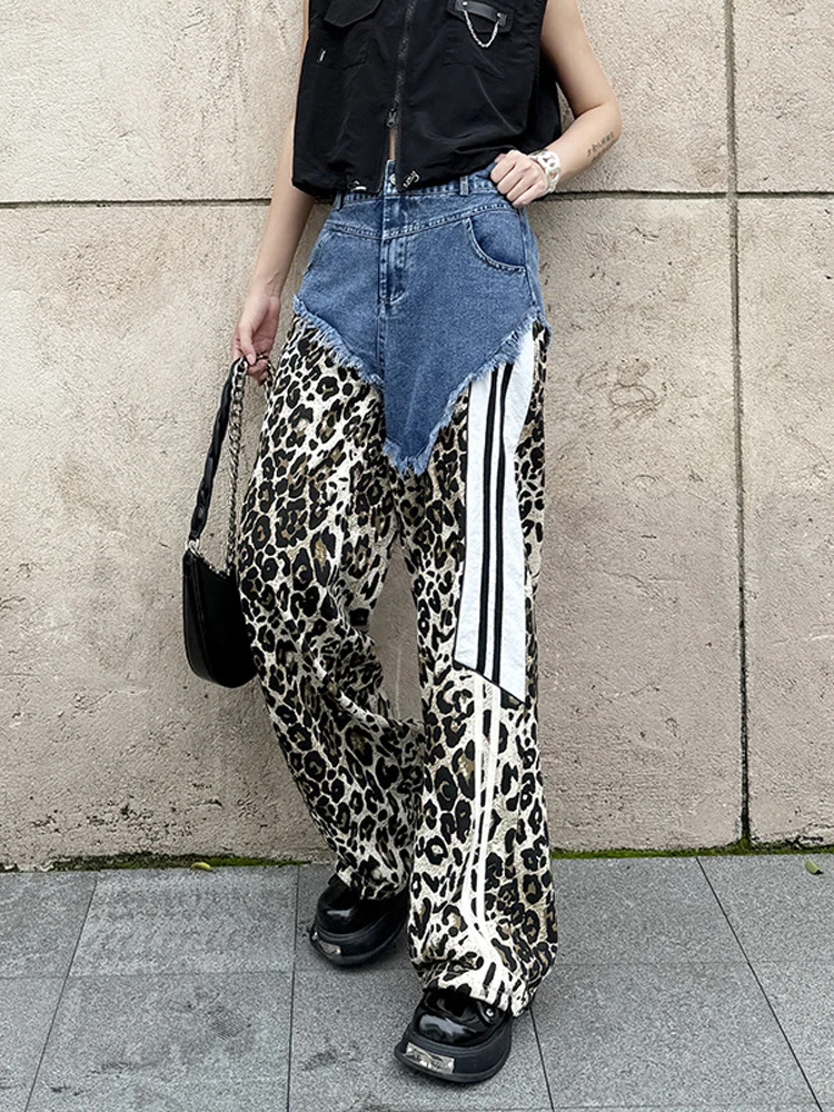 NYFS 2024 Summer New European American Street Woman Trendy Jeans Loose Plus size Elastic Waist Denim leopard Patchwork Trousers