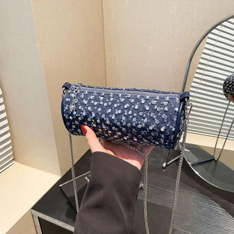 

Модная джинсовая сумка через плечо с заклепками и блестками, круглая цепочка на молнии, повседневная сумка на плечо, хит продаж, сумки для женщин Bolsas femininas