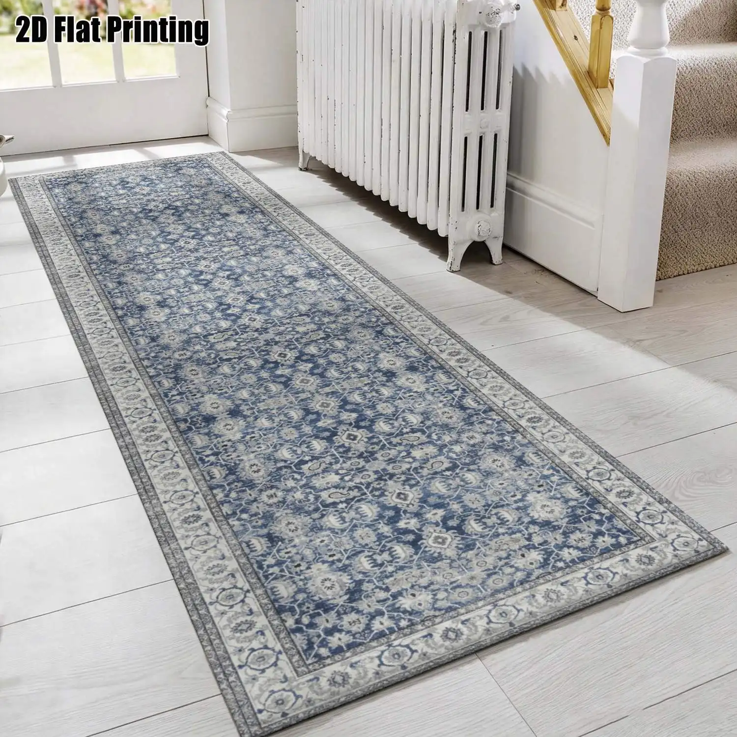 1Pc 2D Printed Long Strip Rug: Blue-Grey Retro Floral/European/Bohemian/Geometric Simple Designs, Home Decor, Multi-Size, Machine Washable, for Entryway, Hallway, Living Room, Bedroom