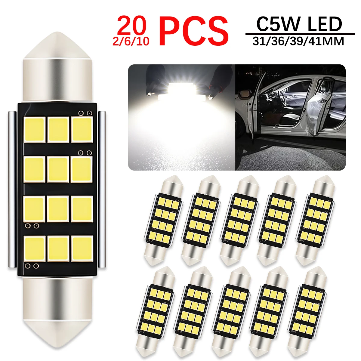 

10 20pcs dome lamps 31mm 36mm 39mm 41mm Festoon 8 12 smd LED ERROR FREE 2835 CANbus C5W led interior reading white bulbs