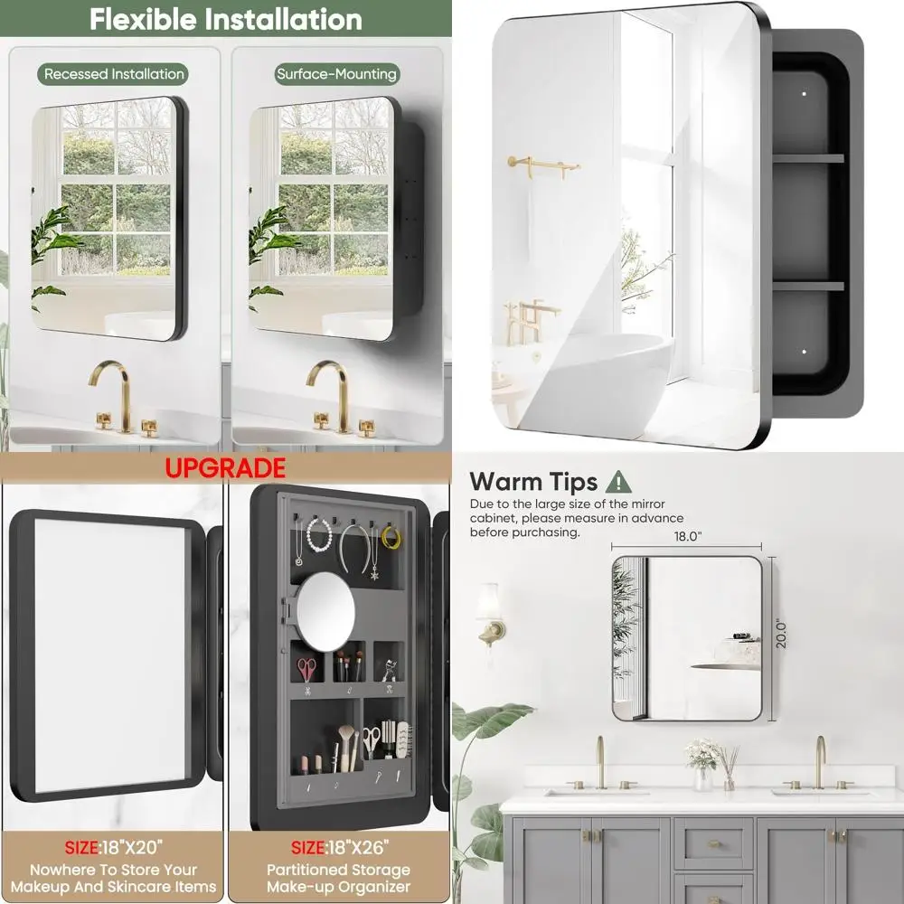 20 Wall-Mount Mirror Cabinet, 18 x 20 Storage Mirror, Adjustable Shelves for Beauty Essentials