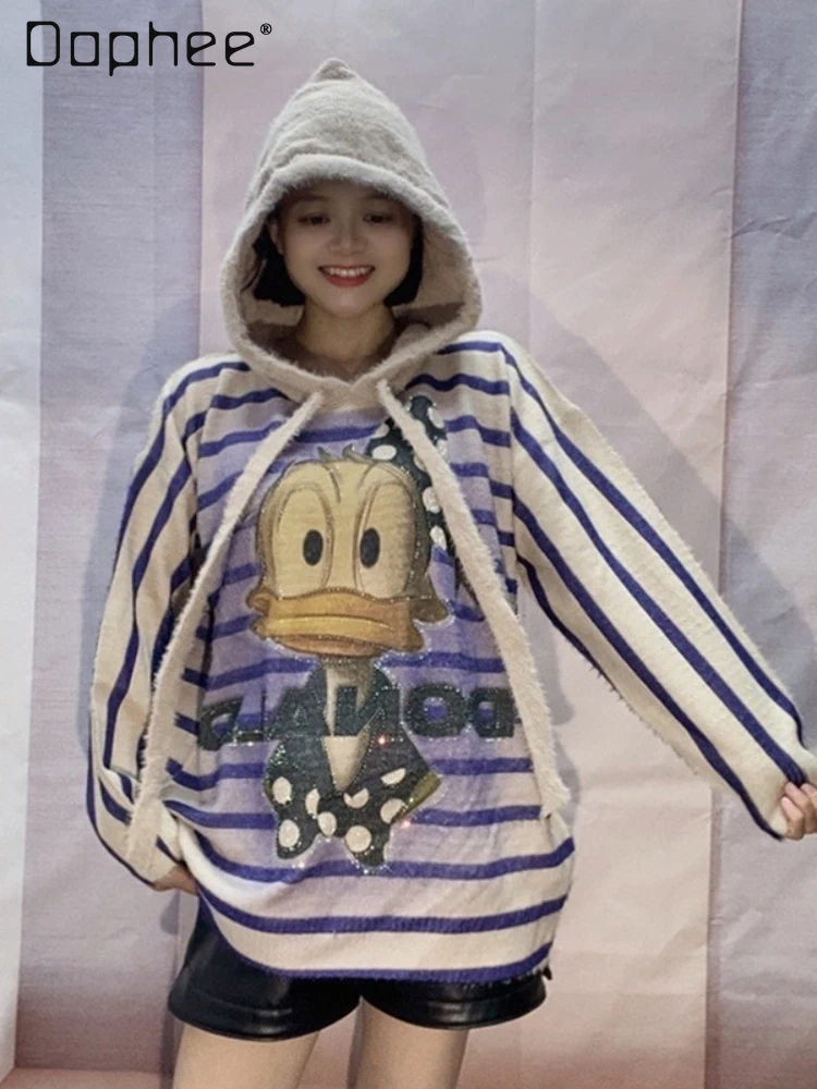 Heavy Industry Hot Diamond Loose Hooded Sweater Women Autumn and Winter Striped Cartoon Printed Long-sleeved Top 2024 New