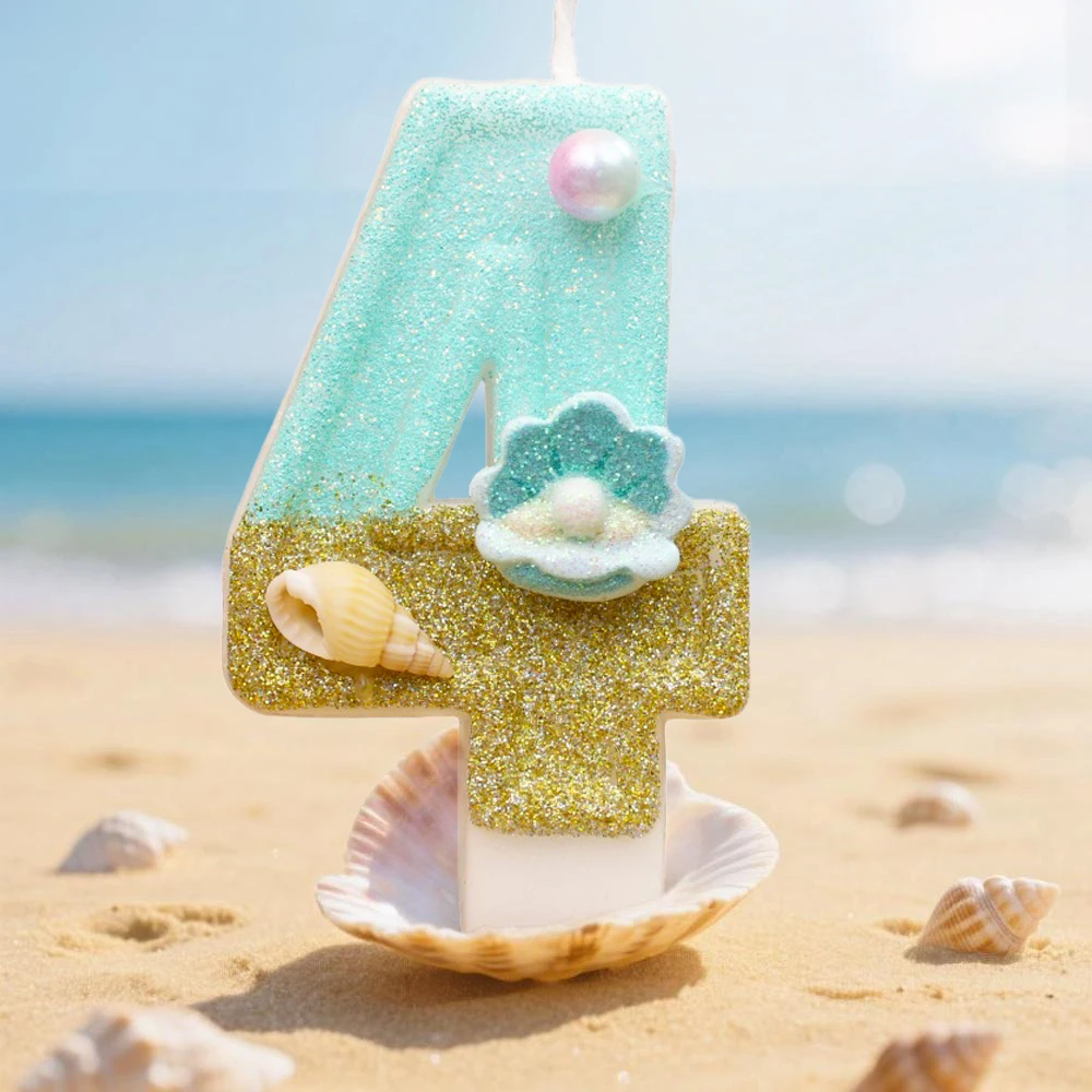 Golden Beach Number Candle with Seashells & Starfish- Perfect Gift for Birthdays Decor, Anniversaries & Holidays,Party Decortion