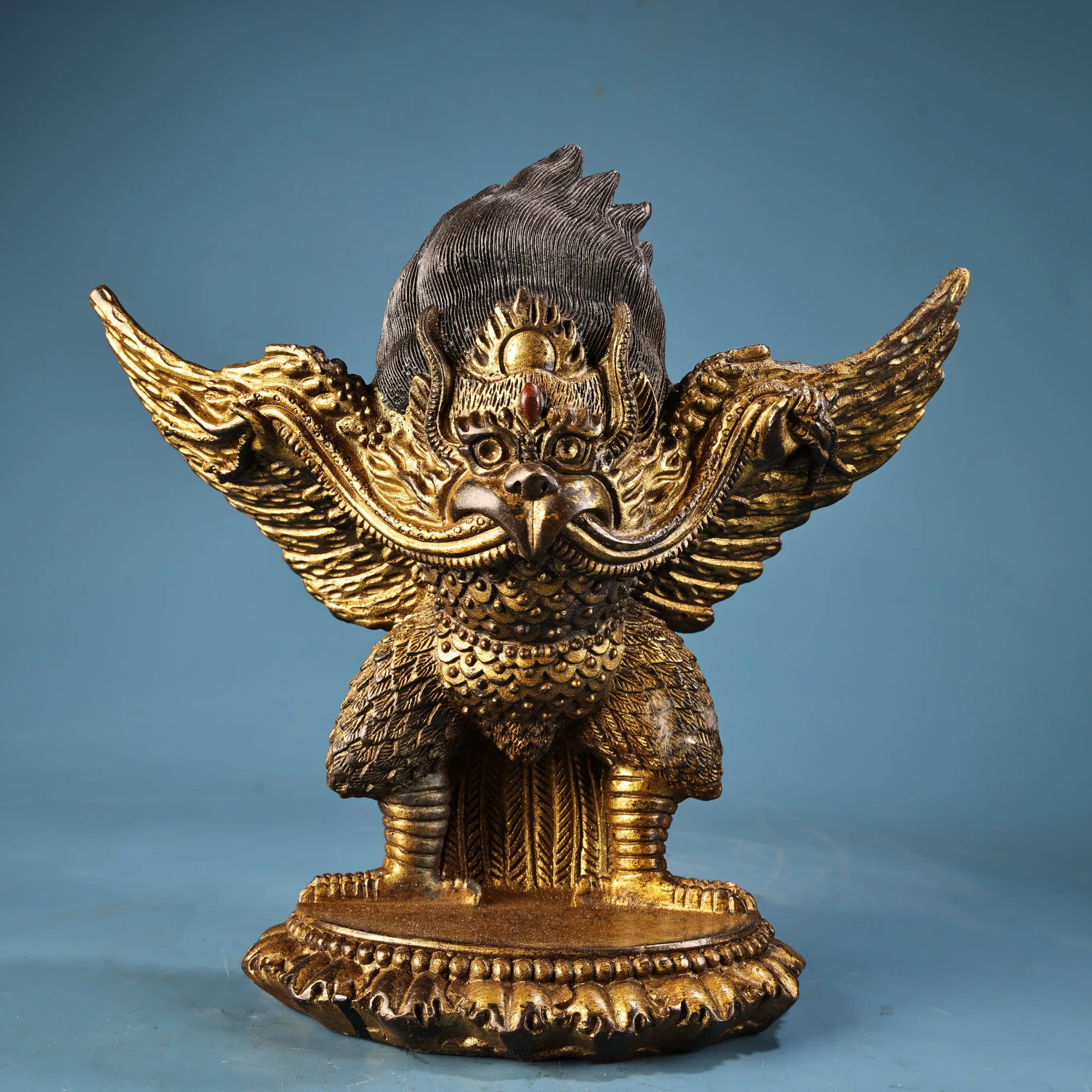 Folk Old Bronze Cinnabar Mud gold High relief sculpture Dapeng Golden Winged Bird Protector Buddha Garuda Sitting Buddha