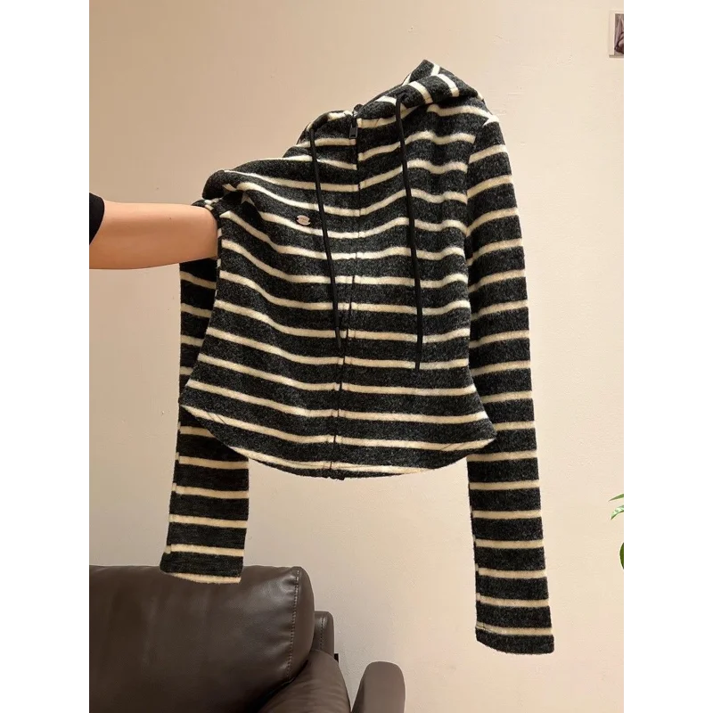 مخطط بأكمام طويلة مقنعين محبوك قاع قميص سستة البلوز سترة للنساء 2025 الخريف والشتاء سترة ضئيلة