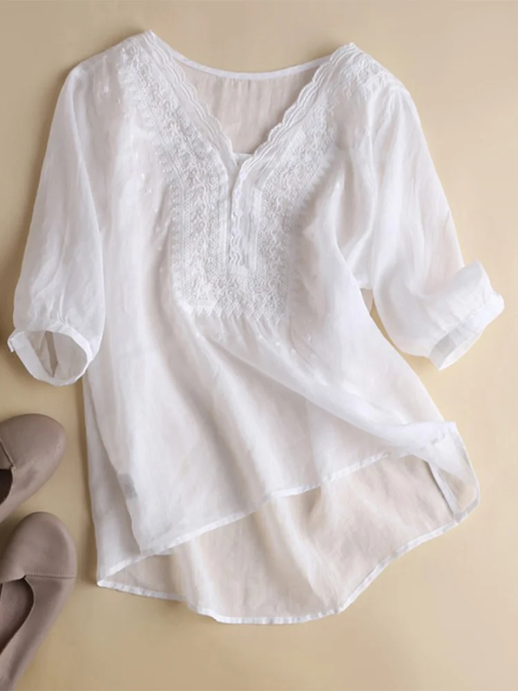 

Ele Вышитый V-Ne ort Sve Linen irt Женский топ из хлопка и льна Летний свободный крой из тонкого материала