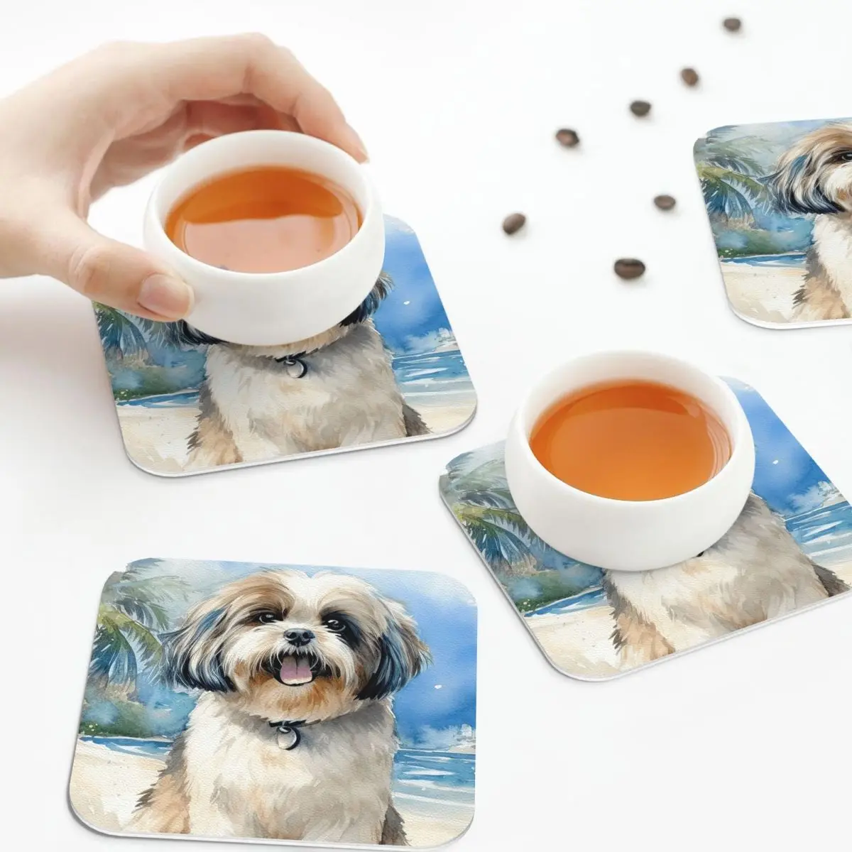 

Shih Tzu On The Beach Coasters Leather Placemats Non-slip Insulation Coffee Mats For Home Kitchen Dining Pads Set of 4