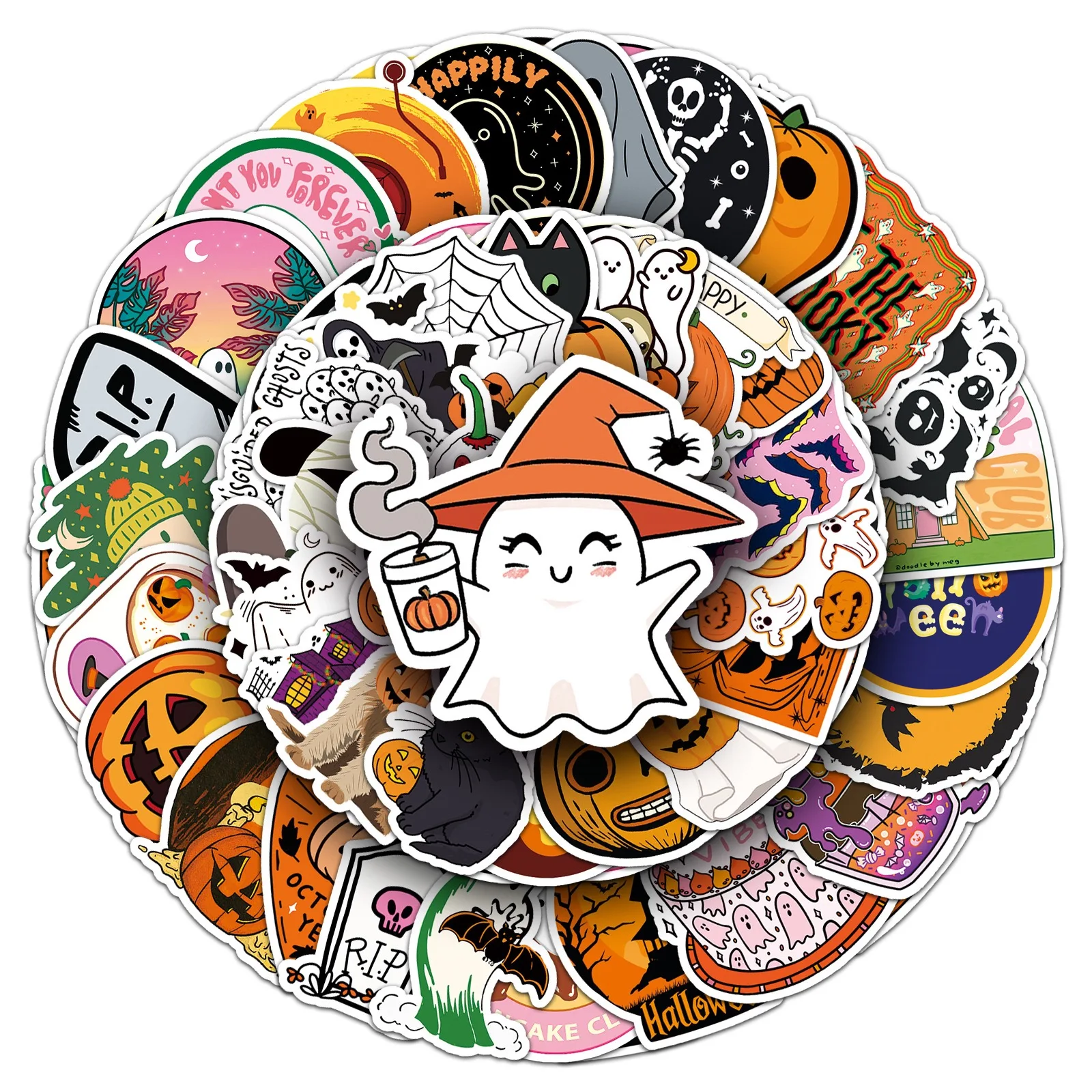 50Pcs Halloween Cute Spooky Cartoon Stickers Pumpkin Ghost Bat Decals for Kids Halloween Gifts Party Favors DIY Party Decoration
