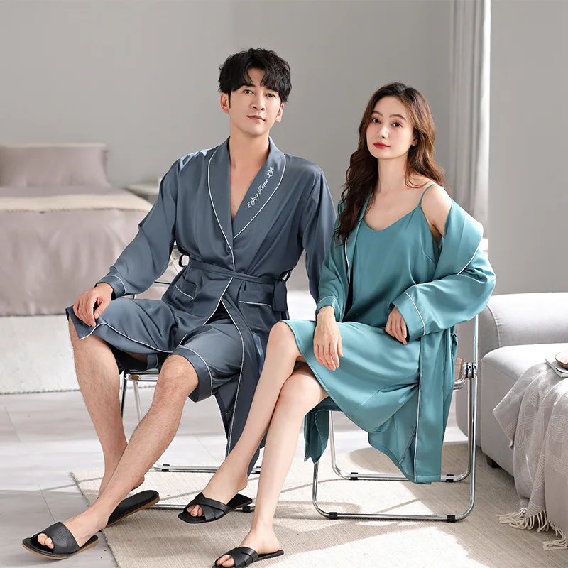 Spring and Summer Couple Dressing gowns Women's solid color Ice Silk Sexy Bathrobe Nightdress Men's Bathrobe Shorts loungewear