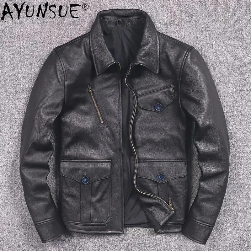 

AYUNSUE Mens Genuine Leather Jacket Autumn Motorcycle Real Cow Coat Fashion Jackets for Men Chamarras Hombre SGG