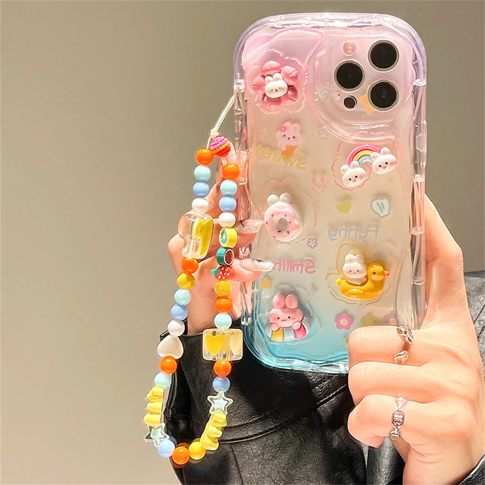 Korea Cute 3D Rabbit Flower With Fruit Chain Lanyard Soft Phone Case For iPhone 14Pro Max 12 Pro 13 11 XR Clear Candy Back Cover