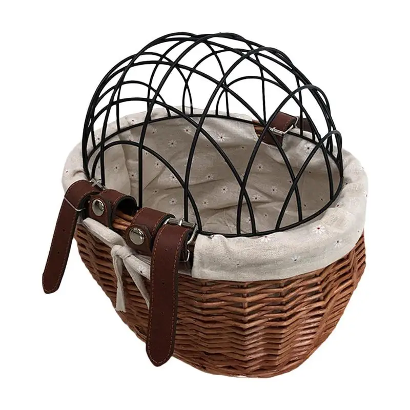 Bicycle Front Woven Basket With Wire Mesh Cover Detachable Bike Dog Carrier Bike Pet Carrier Basket Dog Carrier For Bike Riding