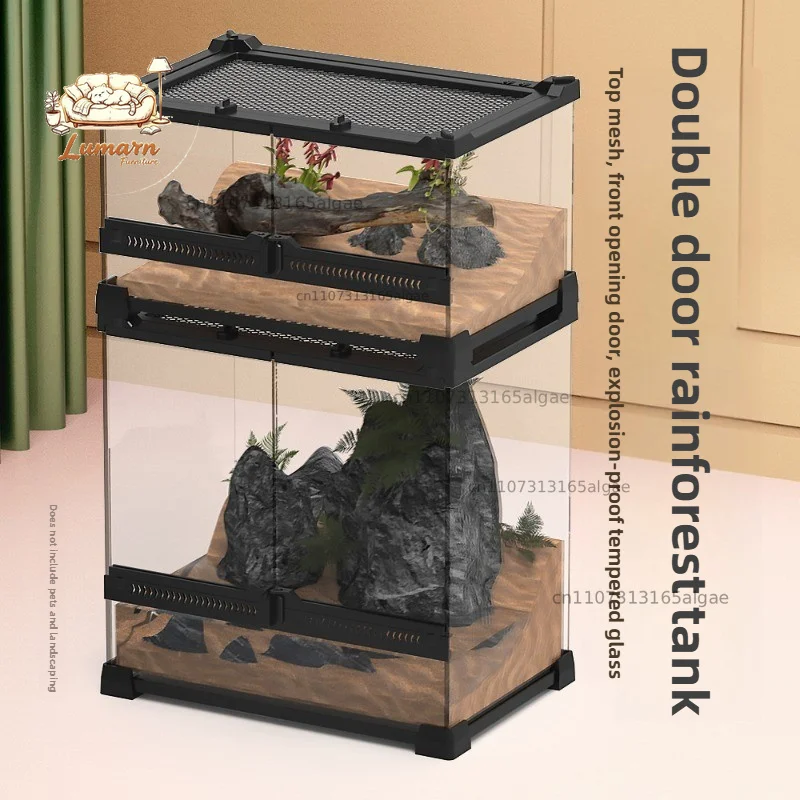 ‌Glass Reptile Terrarium with Panoramic View,Double Door Lizard Enclosure,Stackable Vivarium for Chameleons,Escape-Proof Habitat